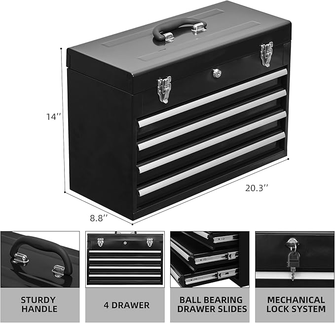Metal Tool Box with 4 Drawers Portable Steel Tool Chest with Metal Cylinder Lock and Latch Closure, Liner, Powder Coating, Suitable for Garage, Warehouse and Outdoor Repair Job-Black