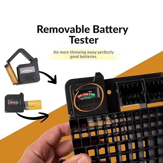 Bee Neat Battery Organizer and Storage Case with Tester - Battery Storage Box for Wall or Drawer - New & Improved Slanted Slot Design - Max. 117 Batteries AA, AAA, 9Volt, C, D & Button Batteries