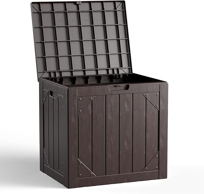 Outdoor Storage Box, 30 Gallon Deck Box Outdoor Storage Bench Outside Waterproof Resin Storage Bench, Lockable Patio Cushions, Garden Tools Storage For Furniture, UV Resistant(Brown)