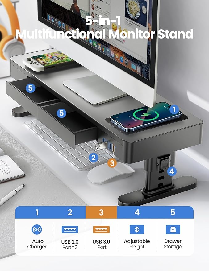 meatanty Monitor Stand Heights Adjustable, Computer Riser with Auto Phone Charger, 4 USB Ports Hub and Drawer Storage, Metal Desktop Organizer Lifter Shelf for PC Screen Studio Display Office Gaming