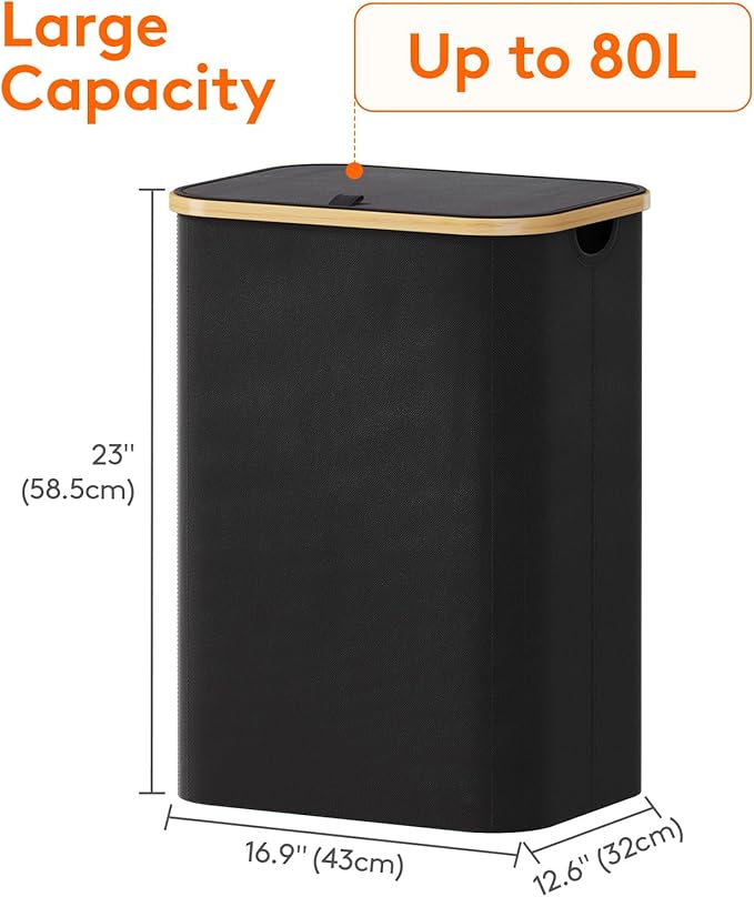Lifewit 80L Laundry Basket with Lid, Clothes Hampers with Bamboo Handles and A Removable Laundry Bag, Large Foldable Hamper for Bedroom, Bathroom, Dorm, LaundryRoom, Black