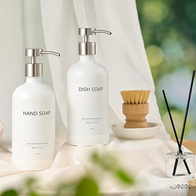 Glass Kitchen Soap Dispenser Set with Ceramic Tray,16.9 floz Hand and Dish Soap Dispenser for Kitchen and Bathroom Decor (White Bottles + Silver Pumps)
