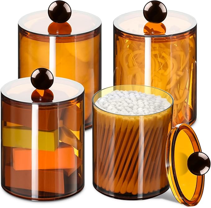 4 Pack Qtip Holder,Canister Apothecary Jar Set, Bathroom Jars with Lids Set for Cotton Swabs, Balls, Pads, Floss Picks,10oz-12oz Plastic Canisters Restroom Bedroom Vanity Organizer(Brown)