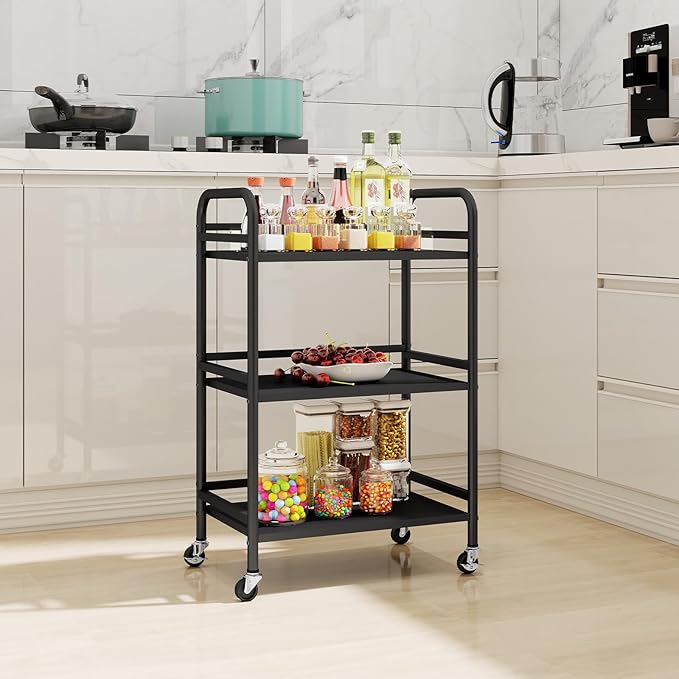 HDANI 3 Tier Rolling Cart Shelves,Heavy Duty Multifunctional Metal Frame-Supports 22 Lbs Per Tier,Rolling Cart with 2 Lockable Wheels for Home,Office,Kitchen,Bathroom,Bedroom,Black