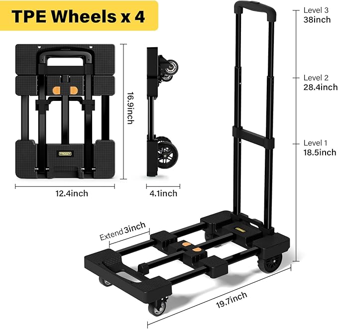 Folding Hand Truck 500 LB, Portable Heavy Duty Dolly Cart with 4 Wheels (2 with Brake) & Extendable 26" Plate, Collapsible Luggage Trolley with 2 Elastic Straps for Travel, Moving, Camping