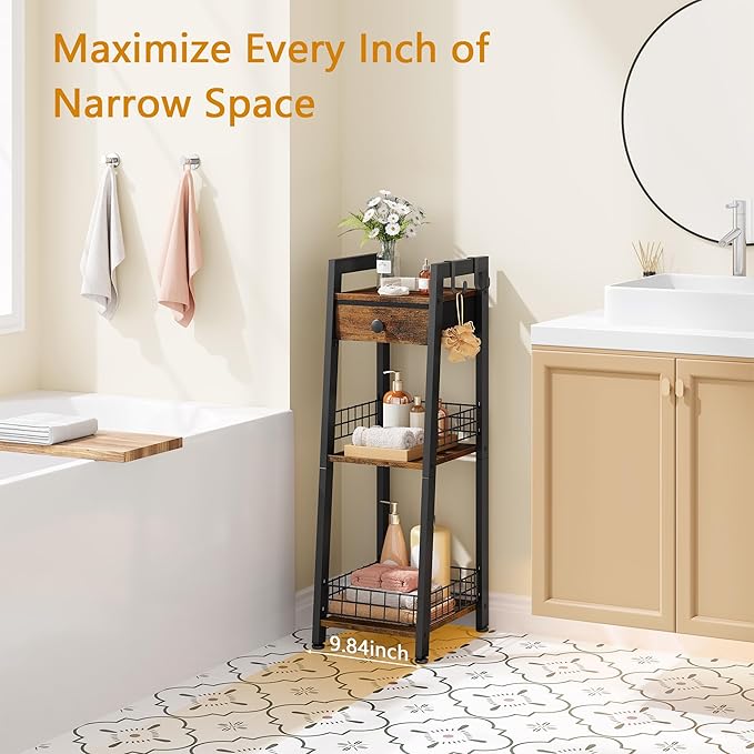 3-Tier Narrow Ladder Shelf with Drawer, Bathroom Floor Storage Shelf, Freestanding Tower Shelf Ladder Bookshelf Brown