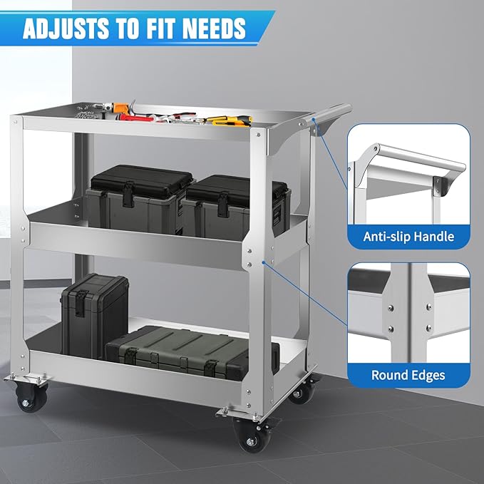 3-Tier Stainless Steel Utility Cart, 1000lbs Capacity with 360° Locking Casters, Heavy-Duty Rolling Cart for Garage, Workshop, Warehouse & Kitchen - Silver