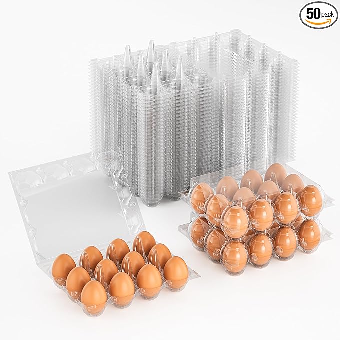 50 Pack Plastic Egg Cartons Cheap Bulk 12 Count Clear Blank Egg Containers for Refrigerator, Reusable Holder for Home Ranch Farm Commercial Market Display, Plastic Packaging for Craft Projects
