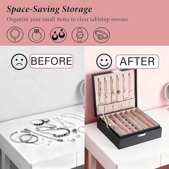 BEWISHOME Jewelry Box Organizer, 2-Layer Necklace Organizer Box, Modern Style Necklace And Bracelet Storage Case, Necklace Case for Women, Girls (Black SSH31B)