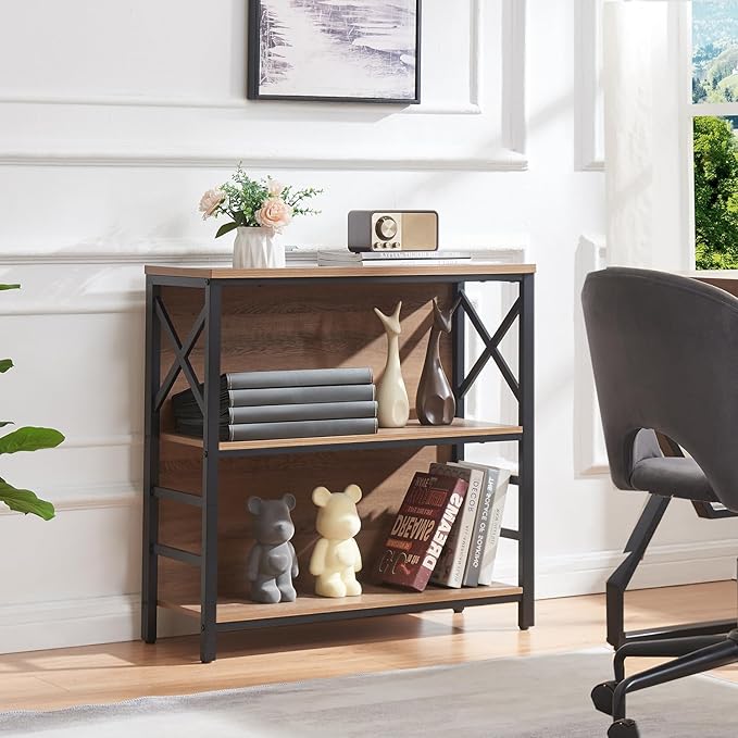 Small Bookshelf,3 Tier Industrial Bookcase with Metal Frame and Backboard,Low Rustic Brown Book Shelf,Book case for Small Spaces,Living Room,Bedroom and Home Office