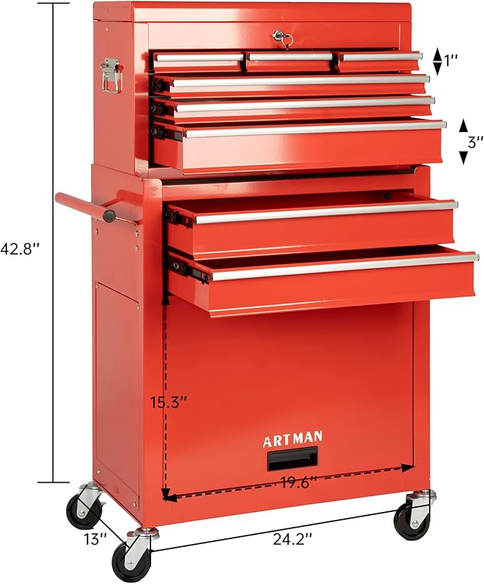 8-Drawer Rolling Tool Chest with Lockable Wheels, Sliding Drawers, Detachable Top & Adjustable Shelf – Heavy Duty Tool Storage Cabinet for Garage, Workshop & Home Organization