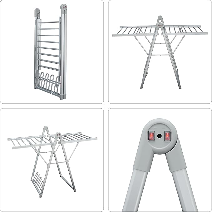 Electric Heating Clothes Drying Rack,Foldable Clothes Drying Rack,Suitable for Drying Clothes, Shoes and Socks.Plug & Play,Silvery Gray,Aluminum Alloy,One-Click Switch(39.37×52.56×25.98in)