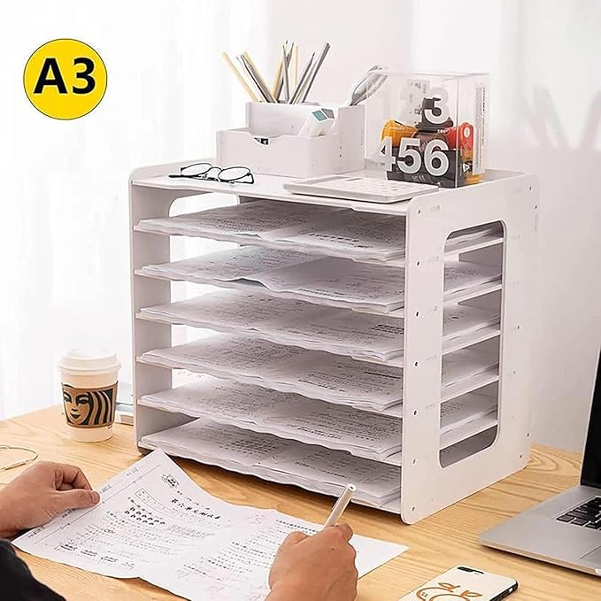 Extra Large A3 Paper Storage Unit, 11x17 Paper Organizer, Tiered Stationery Storage Rack PVC with 7 Compartments, Desk Organizer for Office and School Supplies