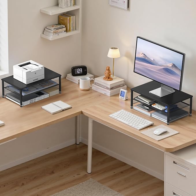 Desk Organizers and Accessories, 2-Tier Metal Computer Monitor Stand Riser, Desk Organizer for Monitor, Printer & Laptop Stand, Desktop Workspace Organizers for Office Supplies(Black 2-Pack)