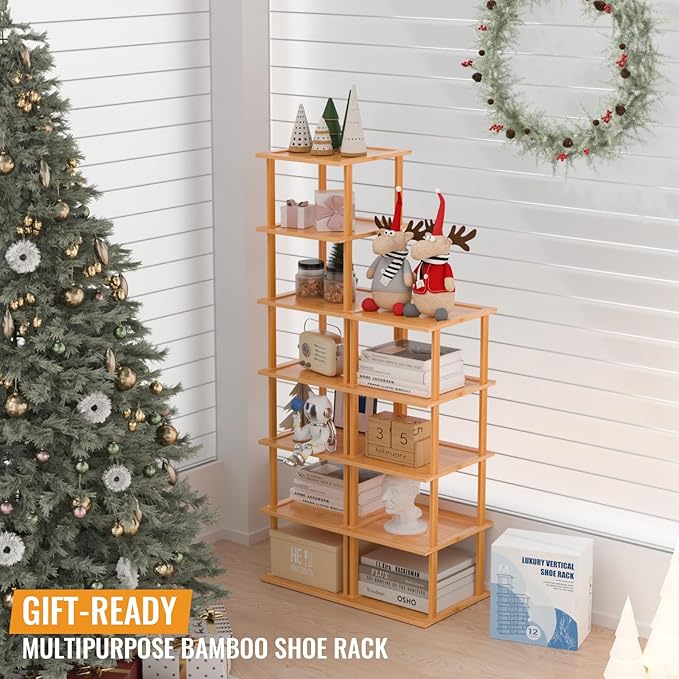 Bamboo Free Standing Shoe Rack Shelf Multi Tier Tall Wooden Stackable Shoes Rack Organizer for Closet Front Door Entrance Narrow Vertical Shoe Storage Rack for Corner Stand (Nature, 12 Tiers)