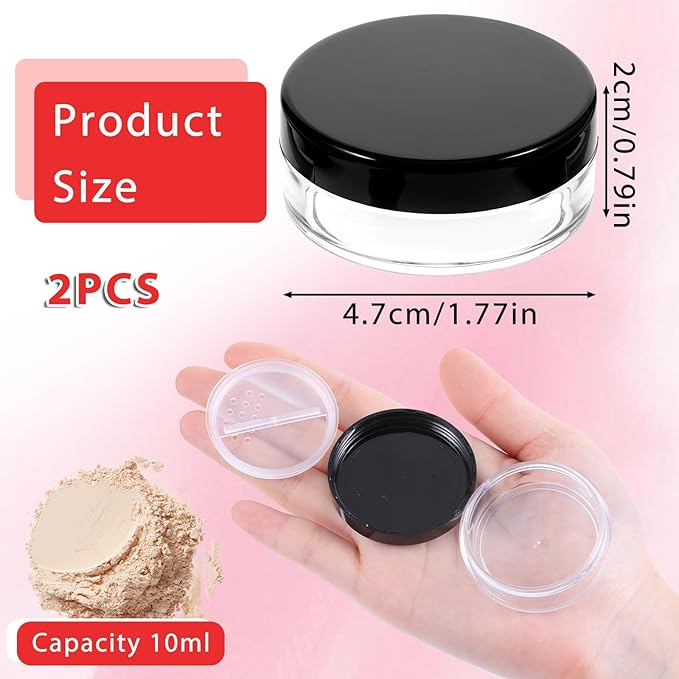 2PCS Travel Powder Container, 10ml/0.34oz Loose Powder Containers with Rotatable Sifter and Black Screw Lid Compact No Leak DIY Empty Makeup