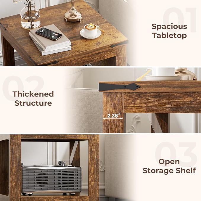 Homieasy End Table, 20 Inch Square End Table, Farmhouse Wood Side Table with Storage Shelf, Industrial Accent Bedside Table for Living Room, Bedroom,Rustic Brown