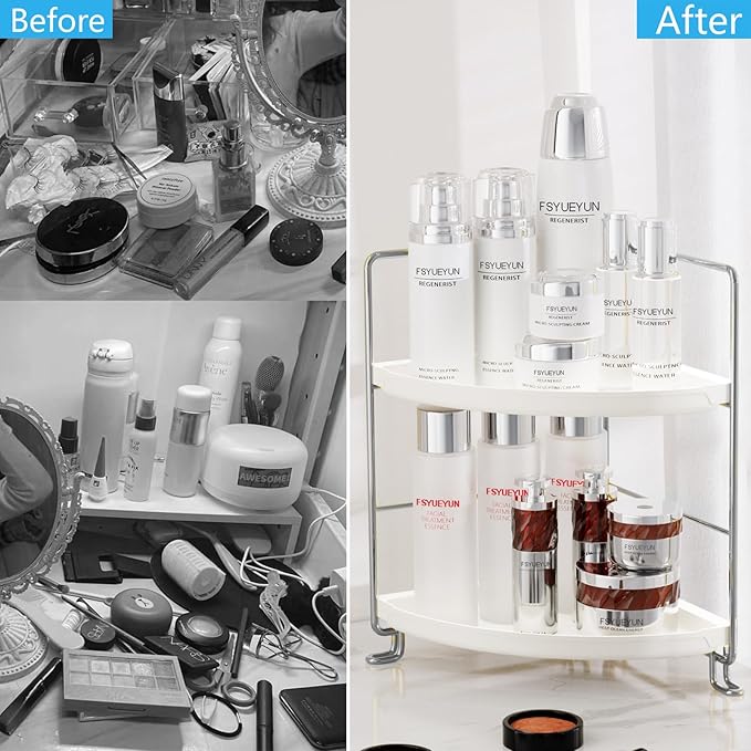 FSyueyun 2-Tier Corner Bathroom Counter Organizer, Tool-Less Installation Vanity Shelf Small Plastics Countertop Makeup Tray Skincare Perfume Organizers (Silver)
