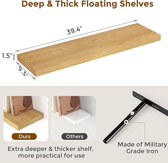 Fun Memories 40 Inch Floating Shelvese, 40" W x 9.3" D Floating Shelf Set of 2, Farmhouse Wood Wall Shelves for Bedroom, Kitchen, Wall Mounted Deep Shelving for Home Decor, Oak Color