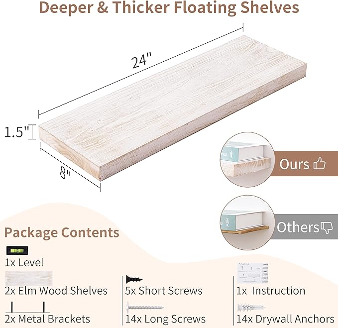 Axeman Floating Shelves - 24''W x 8''D Rustic Solid Elm Wood Wall Shelves for Storage, Wall Mounted Display Shelving with Invisible Heavy-Duty Metal Bracket (White Wash, 2PCs)