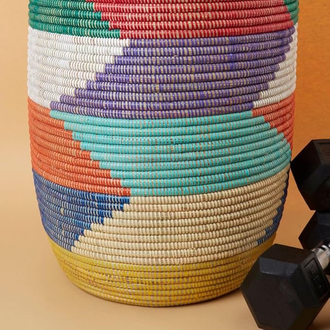 Large Decorative Colorful Wicker Basket, Home Storage and Organization, Laundry, Blankets, Toys, Clothes, Hamper, Bin, Sturdy, Round, Hand Woven, 23" Tall, 18" Wide