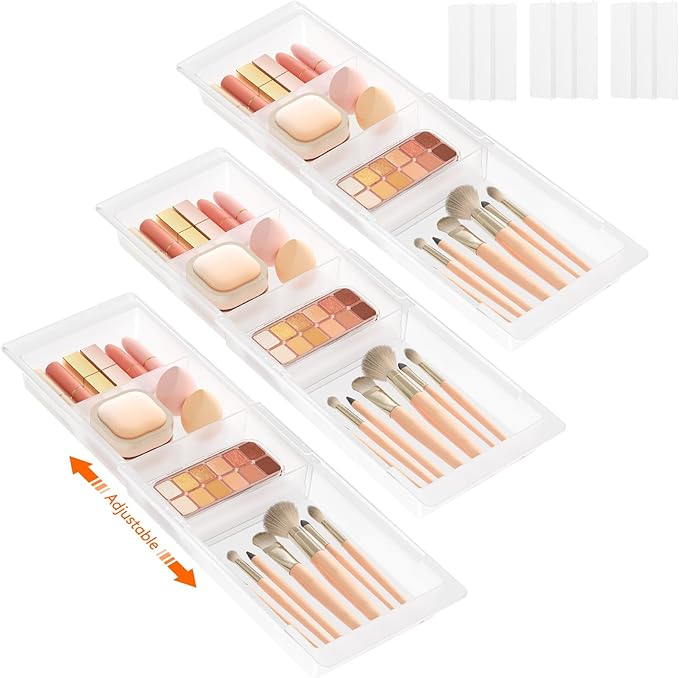 Lifewit 3 Pack Sliding Makeup Drawer Organizer Trays with Inserts, Extendable Hanging Desk Drawer Divider, 14-23" Long/1.8" High Plastic Organizer Tray in Vanity/Bathroom/Office/Kitchen, Translucent