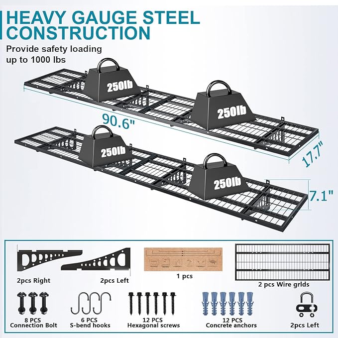 4-Pack 1.5×3.8ft Garage Wall Shelving, 18×45.6 inches Heavy Duty Wall Mounted Shelves, Garage Storage Shelf, 1000 lbs Load Capacity, Black