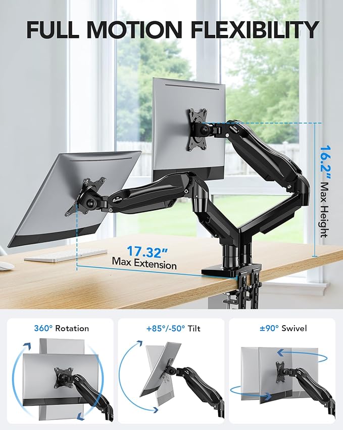 HUANUO Dual Monitor Stand, Fully Adjustable Monitor Desk Mount for 13–32″ Computer Screens, Full Motion VESA 75x75/100x100 with C-Clamp & Grommet Base, Each Arm Holds 4.4 to 19.8 lbs