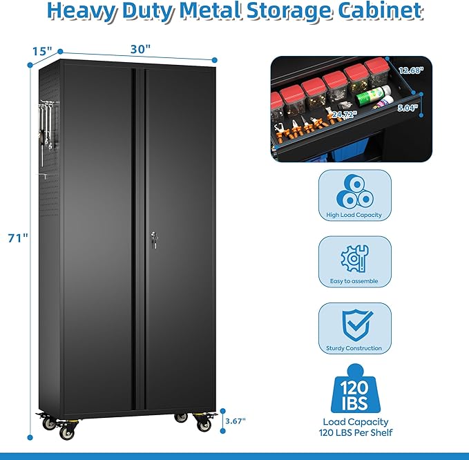 Metal Garage Cabinet with Wheels,71''H Rolling Lockable Steel Tool Cabinet with Pegboard & 1 Drawer for Garage,Home,Office Assembly Required,Black