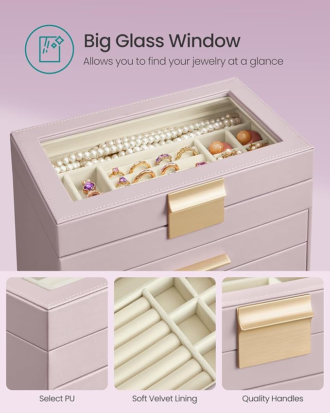 SONGMICS Jewelry Box Organizer with Glass Lid, 4-Layer Jewelry Storage, with 3 Drawers, Modern Style, Christmas Gift, 6 x 9.9 x 8.5 Inches, Lavender Purple and Gold Color UJBC161P01