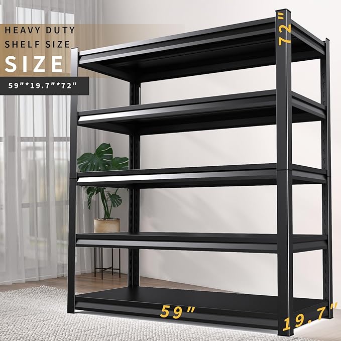 72" H/59 W Garage Shelving Heavy Duty Storage Shelves Adjustable Garage Shelves 5 Tier Metal Shelving Unit Utility Rack Shelf for Kitchen Warehouse Pantry Storage, Black, 72" H x 59" W x 20" D