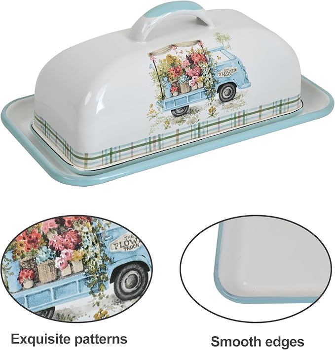 Enamel Butter Dish with Lid Vintage Enamelware Butter Keeper with Flower and Bird Patterns Farmhouse Butter Container Butter holder for Countertop Kitchen Decor (Lightblue)