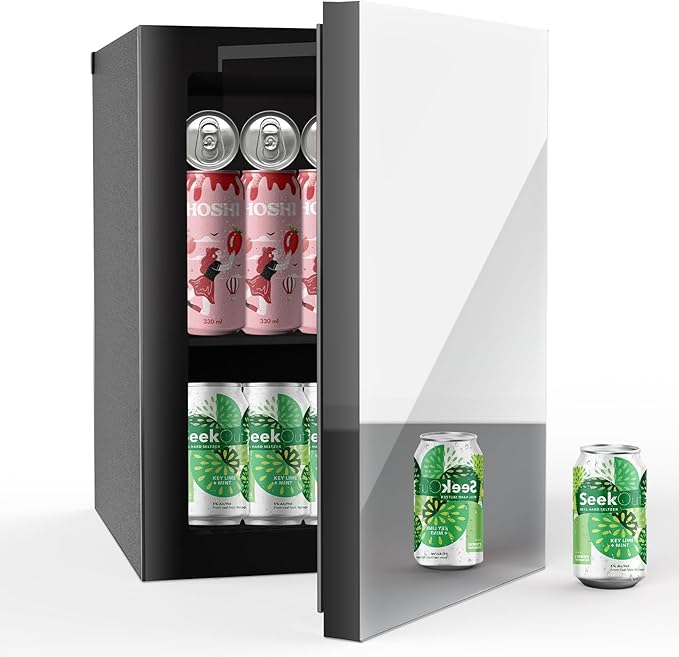 Compact Freestanding Beverage Refrigerator and Skincare Fridge, 0.9 Cu.Ft Mini Fridge Holds 24 Cans with Mirrored Front Door & Temperature Control for Soda, Beer and Beauty Products