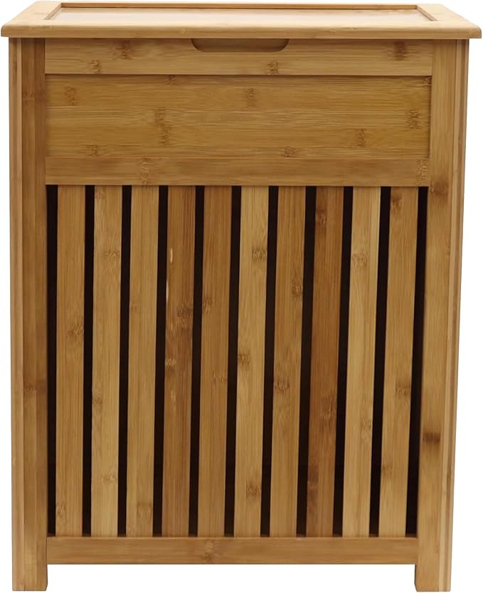 Redmon Bamboo Top Load Full Size Clothes Hamper, Side Handles, Double Hinged Lid and Decorative Stop