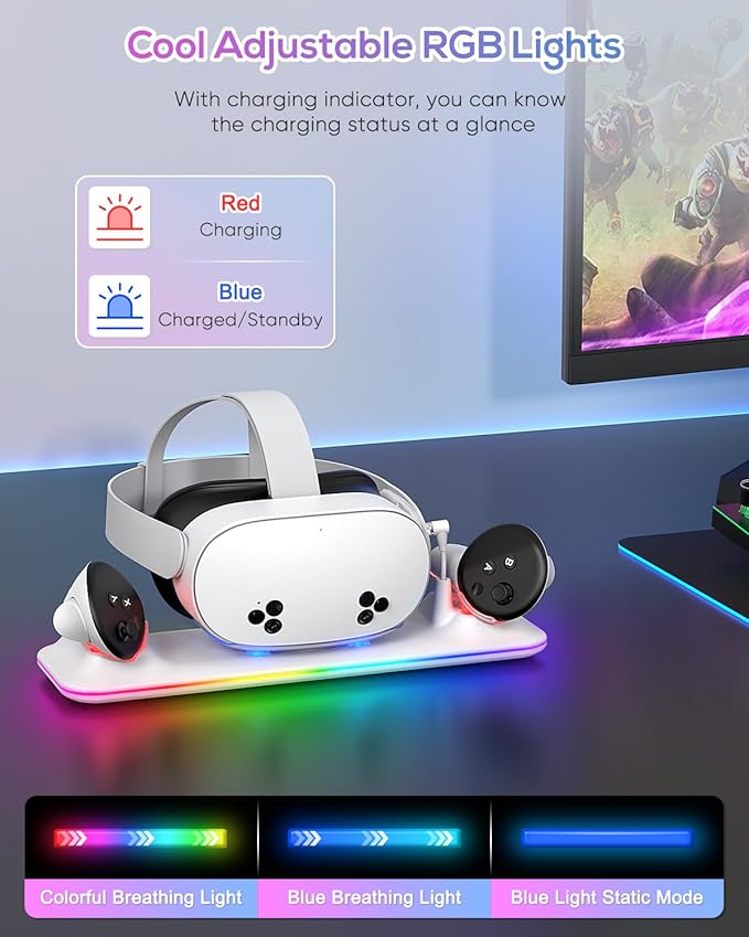 Charging Dock for Meta Quest 3S/3, Kinwin PD 18W Fast Charging Station for Oculus 3S Accessories with RGB Light, Magnetic Charger Stand for Headset/Controller with 2 Rechargeable Batteries-Black