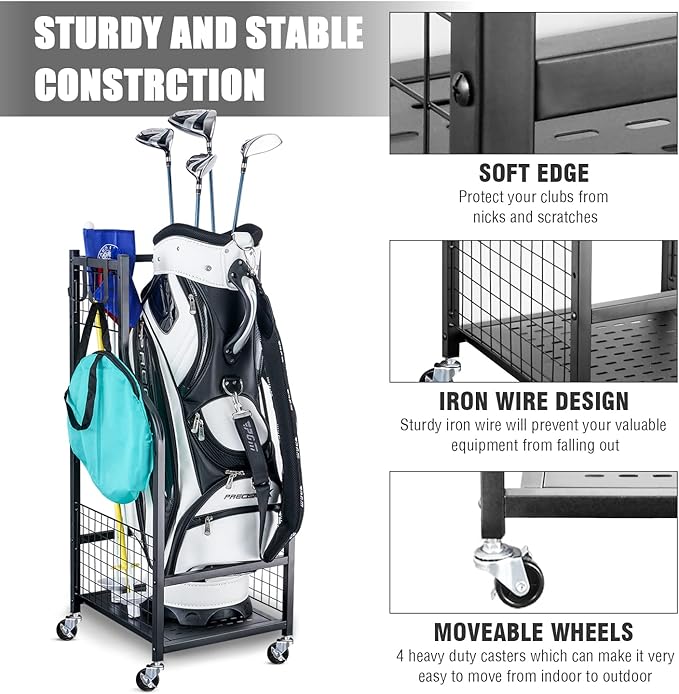 Mythinglogic Golf Storage Garage Organizer, Golf Bag Storage Stand and Other Golfing Equipment Rack, Extra Storage Rack for Golf Clubs