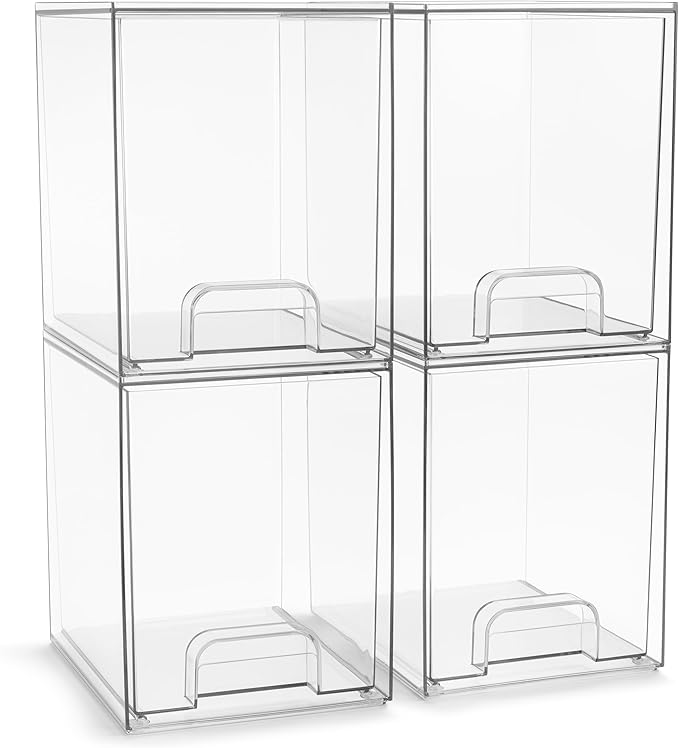 Sorbus Acrylic Storage Containers - 4 Pack, Stackable Storage Bins Set for Bathroom Organization - Clear Acrylic Drawer Organizers - Makeup Case Pull-Out Drawers (7.6’’ Tall)