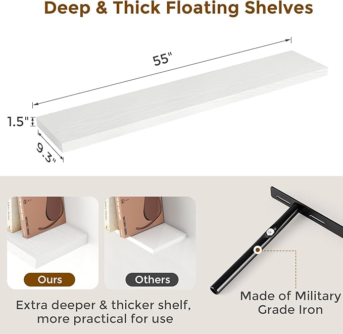 Fun Memories White 55Inch Floating Shelves for Wall 2 Pack Shelves for Bedroom|Kitchen|Bathroom Wall Mounted Rustic Wood Floating Shelf with Invisible Brackets for Books|Storage|Decor