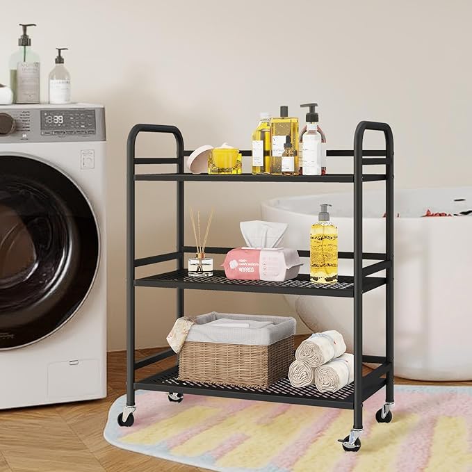 HDANI 3 Tier Metal Rolling Heavy Cart Supports 40 Lbs Per Tier,Mesh Rolling Cart with 2 Lockable Wheels for Office,Home,Bedroom,Kitchen,Bathroom(Black)