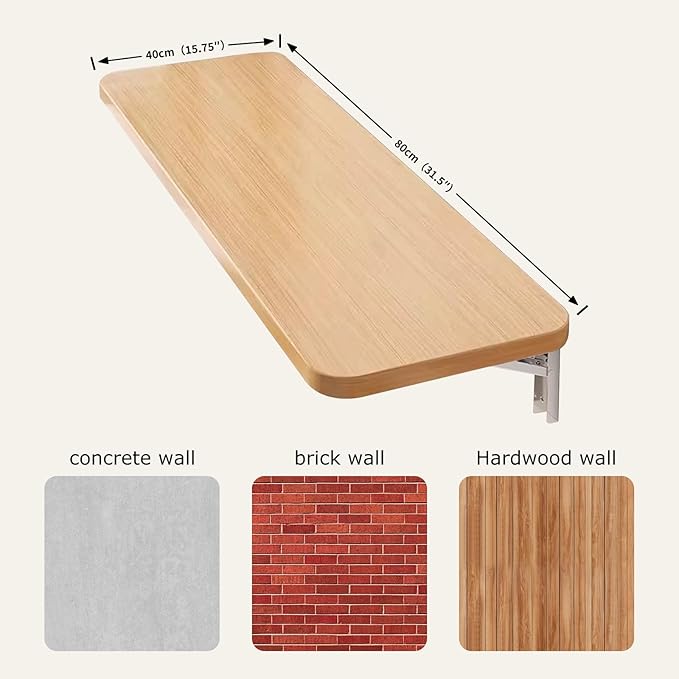 Wall Mounted Folding Wood Table, Folding Table with Heavy Duty Metal for Laundry Collapsible Shelf Brackets, Wall Mounted Desk Fold Down for Small Spaces Wooden 80 * 40cm/31.5”*15.7”