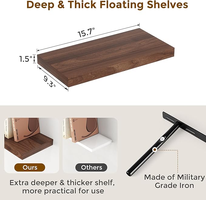 Fun Memories 16Inch Floating Shelves for Wall 2 Pack Shelves for Bedroom|Kitchen|Bathroom Wall Mounted Rustic Wood Floating Shelf with Invisible Brackets for Books|Storage|Decor, Walnut