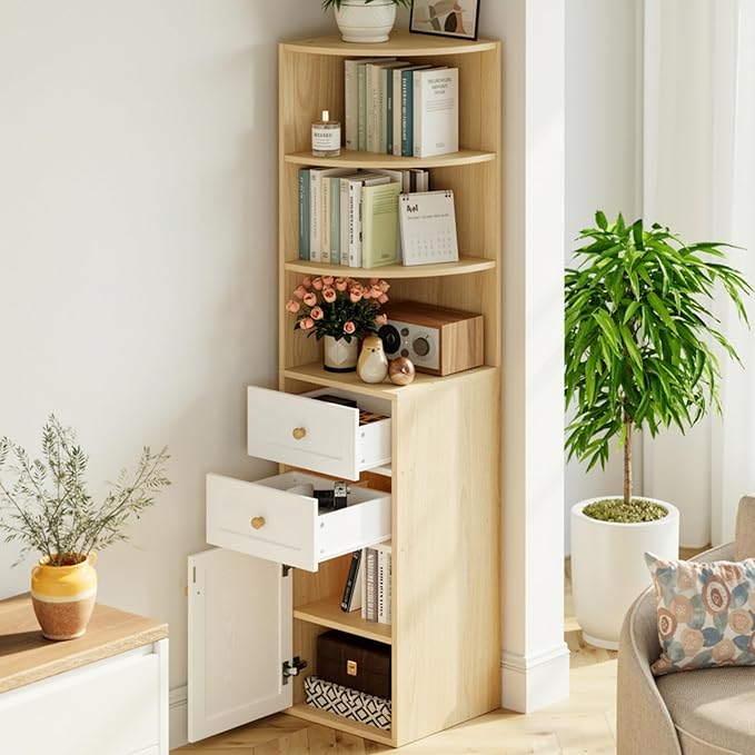 IRONCK Corner Bookshelf and Bookcase, 71" H Wooden Book Shelves 3 Tier with Drawers and Storage Cabinet for Living Room, Office, Bedroom, Oak and White