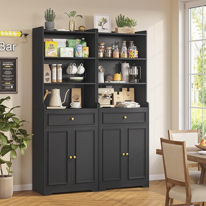 DICTAC Bookcase Set of 2 with Drawer and Doors 73.23''Tall Bookshelf with Storage Shelves Freestanding Storage Cabinet with Microwave Space storage Organizer for Home Office,Living Room,Bathroom,Black