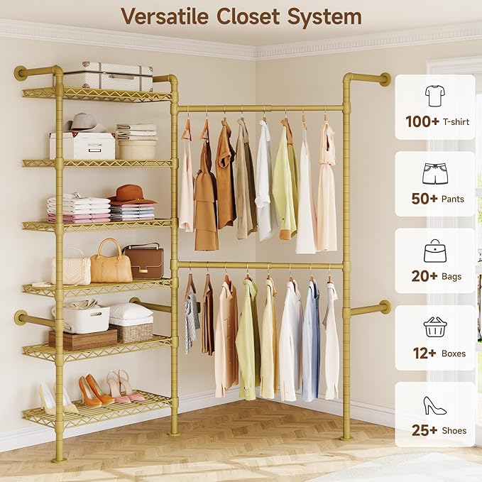 L2 Wall Mounted Closet System, Industrial Pipe Clothing Rack Clothes Racks with 2 Telescopic Rod & 6 Shelves, Heavy Duty Closet Organizers System in Wardrobe Closet, Gold