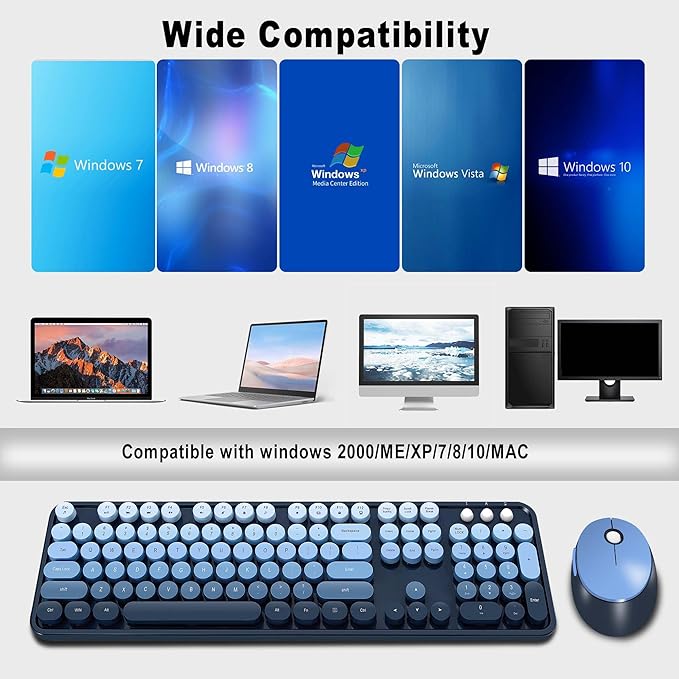 Wireless Keyboard and Mice Combo,Retro Round Keys Full-Sized Cute Keyboard, 2.4Ghz Dropout-Free Connection and Optical Mouse for Windows, Mac, PC, Laptop, Desktop (Blue-Colorful)