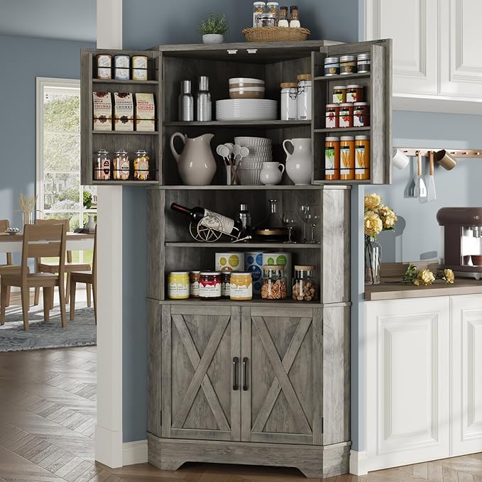 Corner Cabinet, 67''H Kitchen Pantry Storage Cabinet, 6-Tier Corner Food Pantry Hutch with 4 Barn Doors and Shelves, Tall Farmhouse Furniture for Kitchen Dining Living Room, Grey