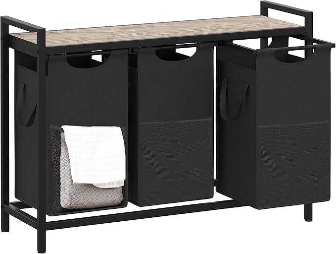 Heybly Laundry Hampers, 3 × 12.5 Gal Laundry Basket with Large Desktop Sorter for Laundry Room organization, Bathroom and Dorm Laundry Bags on Storage Shelf Greige HLH003SG