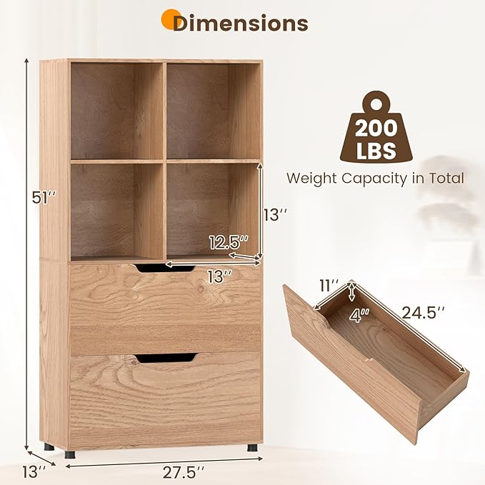 GOFLAME 4-Tier Bookcase with 2 Drawers, 51” Tall Bookshelf with 4-Cube Open Shelf, Wood, Modern, Freestanding Display Storage Organizer Shelf for Living Room, Home Office (2,Natural)