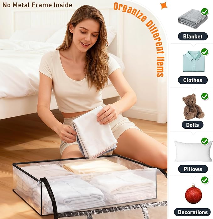 Clear Under Bed Storage Containers - 4 Pack Large Capacity Clothes Storage Bags with Lid & Sturdy Handles, Foldable Moving Bags, Clothing Organizer Totes for Bedding, Comforter, Sheet（60 L）