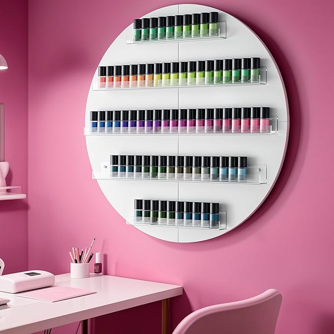 Wall Mount Nail Polish Organizer, Wood Nail Polish Rack w/Acrylic Barrier, 5-Tier Round Storage & Display Shelf, Perfume Essential Oil Bottles Holder, White